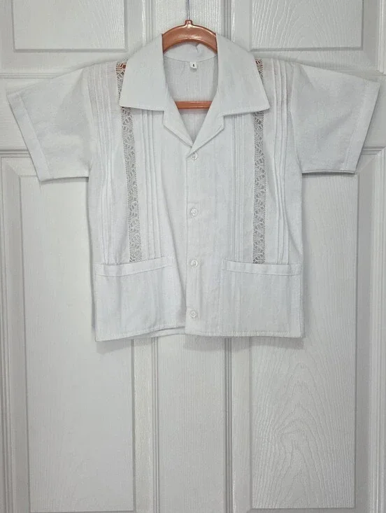 Handmade Boys White Guayabera Shirt Short Sleeve Pleated Embroidered Size 4
