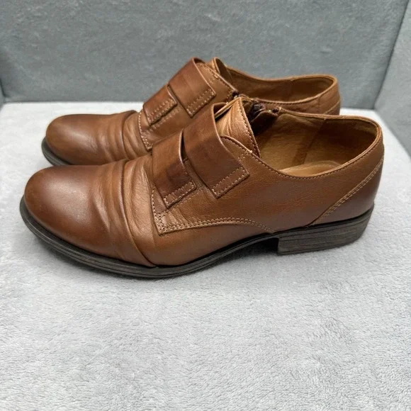 Miz Mooz Liam Women's 6.5 Brown Leather Double Strap Oxford Shoes Side Zip