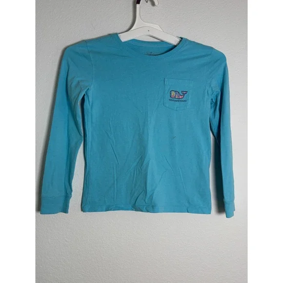 Vineyard Vines Boys Blue Whale‎ Logo Long Sleeve Pocket T-Shirt Size S 7-8