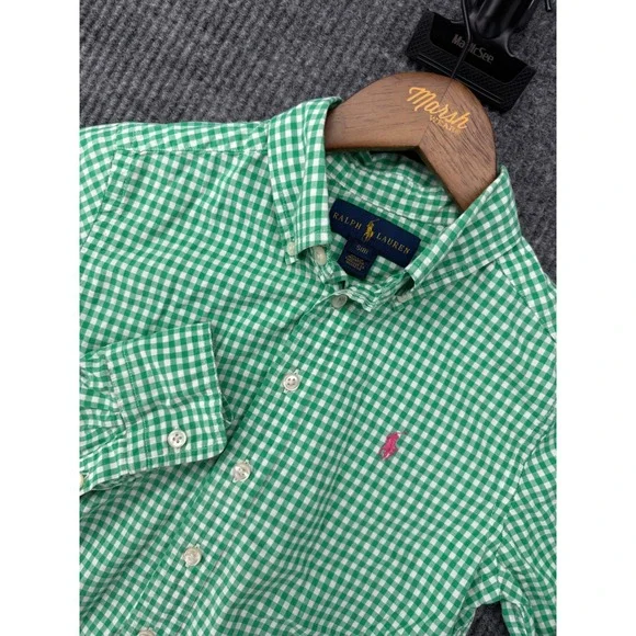 Ralph Lauren Boys Green Gingham Button Down Shirt‎ Pink Pony Logo Size S 8