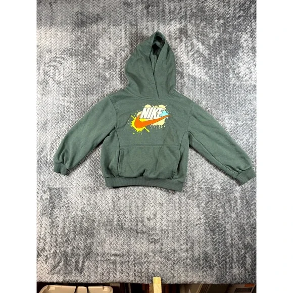 Nike Sportswear Boys Hoodie Olive Green Splatter Logo Fleece Lined Ribbed Warmth
