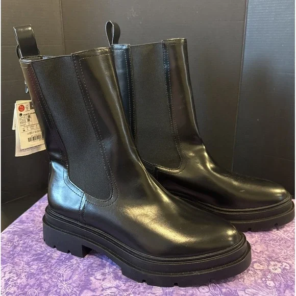 Zara Womens EU 36 US 6 Chelsea Black Leather Ankle Boots Chunky Soles Airfit New