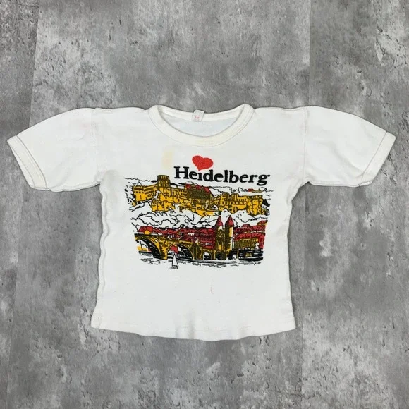 Vintage Heidelberg Germany Sweatshirt Kids 5-6‎ White Ringer Pullover 60s 70s