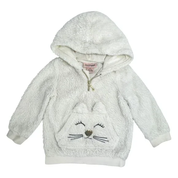 Juicy Couture White Faux Fur Hoodie Toddler Girl 2T Cat Face Kangaroo Pocket‎