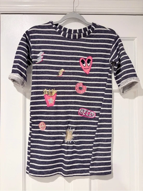 Gymboree Navy and White Striped Short Sleeve Tee with Pink Patch Accents