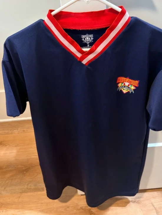 Cooperstown Navy Short Sleeve Kids Jersey with Red Trim