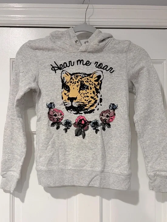H&M Light Gray Hoodie with Leopard and Floral Graphic