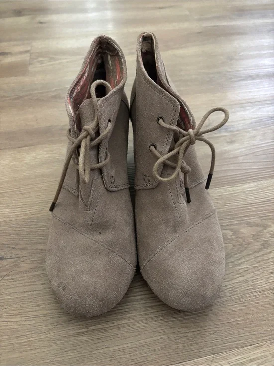 Toms Taupe Suede Lace-Up Booties with Striped Lining