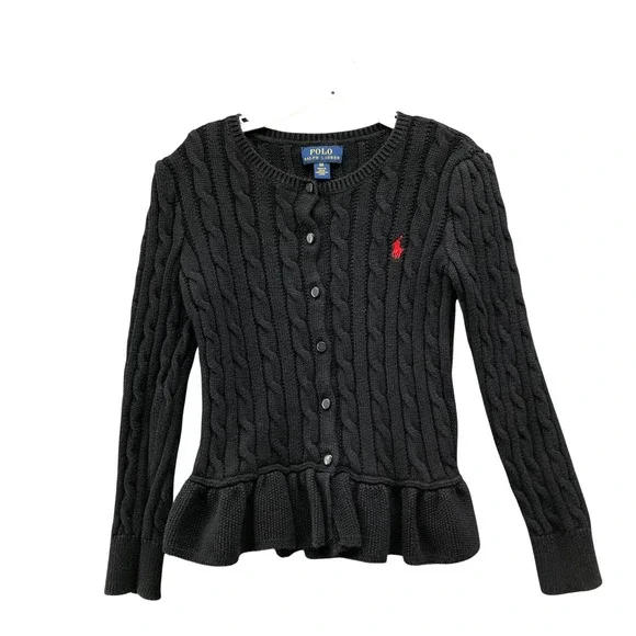 Polo Ralph Lauren Peplum Cardigan Girls 6X Black Cable Knit Button Front Pony‎