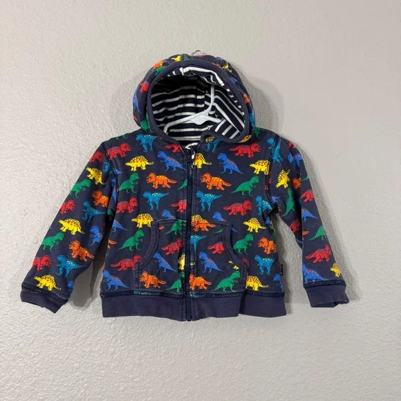 JoJo Maman Bébé Size 18-24M Navy‎ Reversible Dinosaur Stripe Full Zip Hoodie