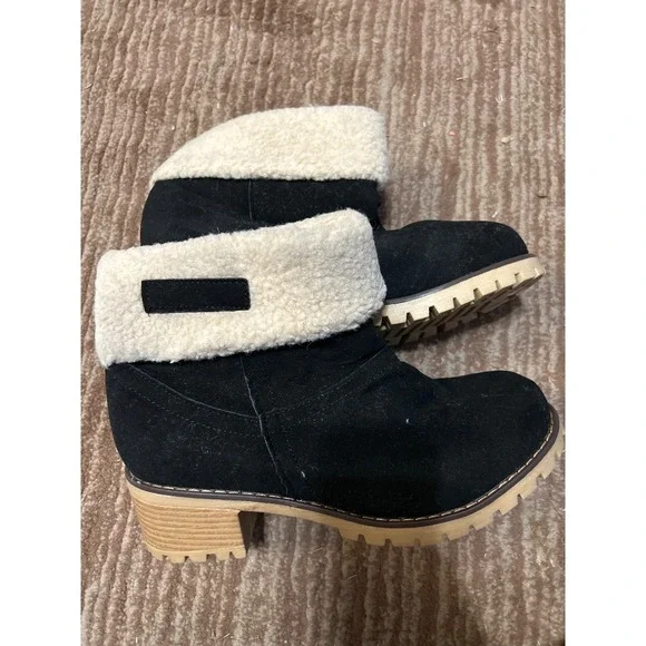 Ankle Boots Black Suede Faux Fur Lined‎ Lug Sole Heel Comfort 41EU/10.5US