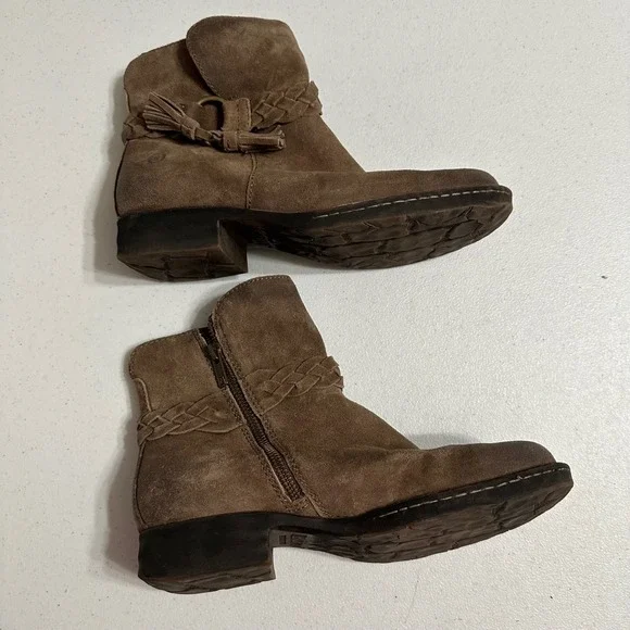 BORN Leather Suede Ankle Boots Brown Braided Tassel Buckle Side‎ Zip Women 7.5M