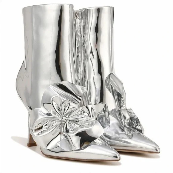 ▶️ Sam Edelman ◀️  Silver Metallic Mirror Bow Esmae Ankle Metallic Boot 11