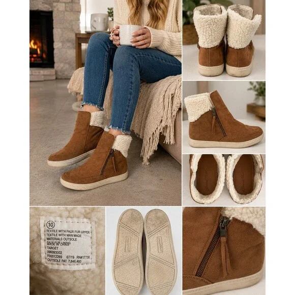 Universal Thread Faux Shearling Sneaker Boots Womens 10 Brown Cozy Winter Zip...