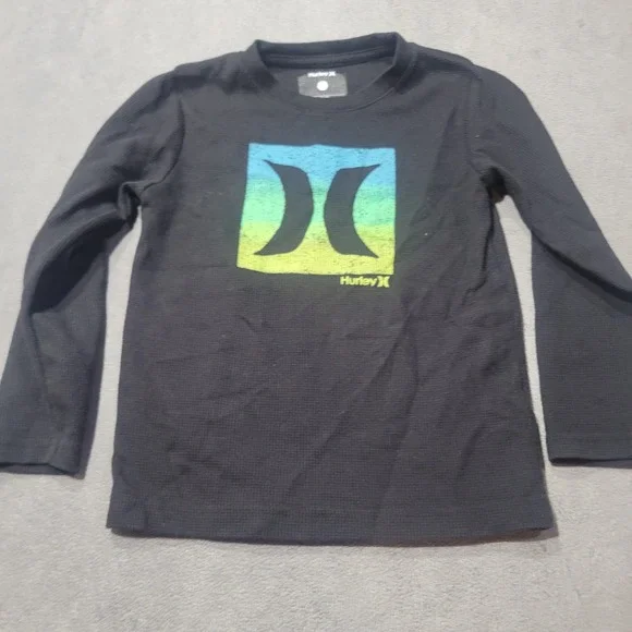 Hurley‎ Shirt Boys Size 5/6 Black Long Sleeve Thermal Logo Graphic 6002-023 Tee