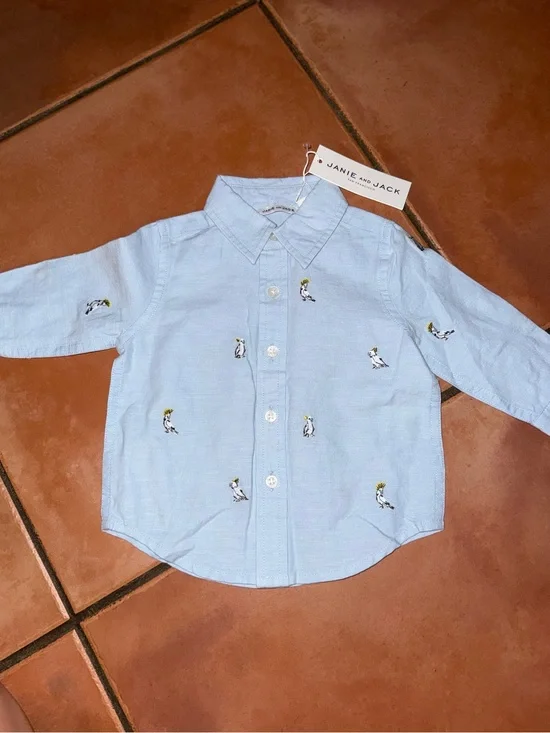Janie and Jack Light Blue Embroidered Button-Up Shirt with Bird Motifs‎