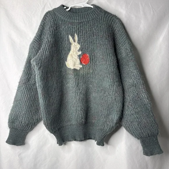Vtg‎ Handknitted Kids Green Speckled Pink Embroidered white Bunny Sweater Easter