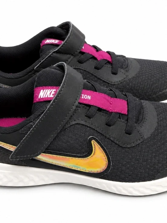 Nike Kids Black and Pink Sneakers with Iridescent Gold Swoosh