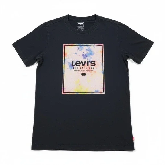 Levis Boys Black Graphic T-Shirt Size L 12-13 Tie Dye Logo Bear The Original Tee