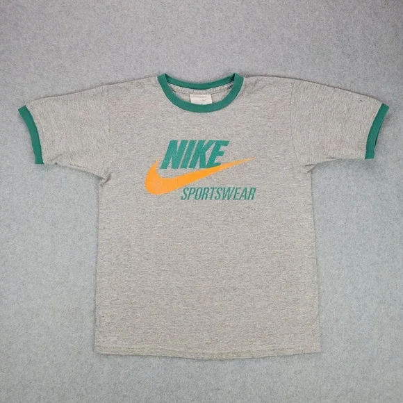 Nike T-Shirt Kids Small 8 Gray Green Ringer Sportswear Logo Tee