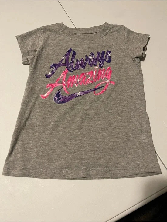 Nike Girls' Gray Tee with Purple and Pink 'Always Amazing' Graphic