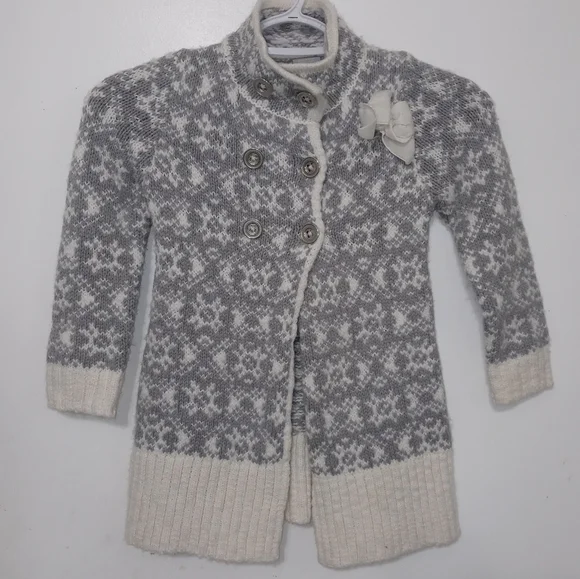 TAHARI GIRLS 4 WOOL BLEND 3 BUTTON CABLE KNIT CARDIGAN SNOWFLAKE SWEATER W BOW
