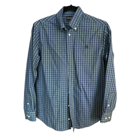 Ralph‎ Lauren Black Label Youth Size 18 Cotton Blue Green Plaid Dress Shirt