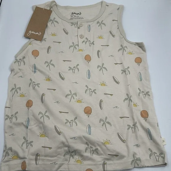 Goumi Kids Tank Top Henley Button Size 10-12 Year All Over Beach Print Vacay NEW