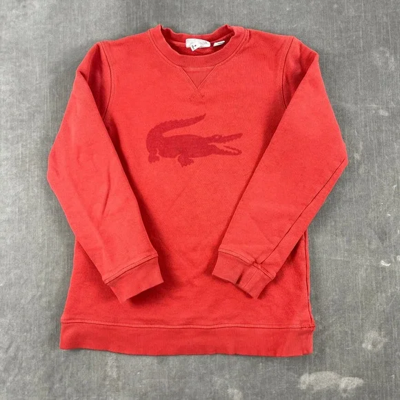 Lacoste Kids 8 Red Sweatshirt Big Logo Pullover Crew Neck Long Sleeve