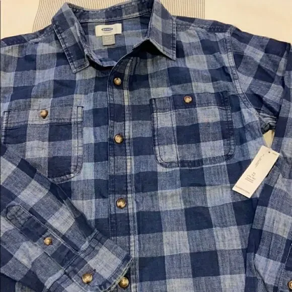 NWT Old Navy Long Sleeved Button-Down Denim Shirt Buffalo Plaid Sz XL (14-16)