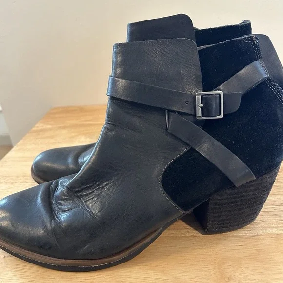 Women Korks Black Leather Suede Buckle Strap Ankle Heeled Boots Booties 8.5‎