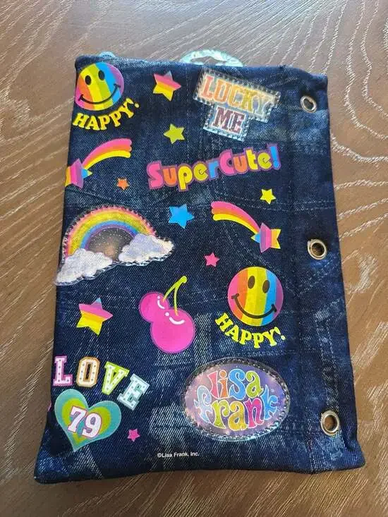 Vintage Lisa Frank Denim 3-Ring Binder Pencil Pouch with Rainbow Patches Y2K