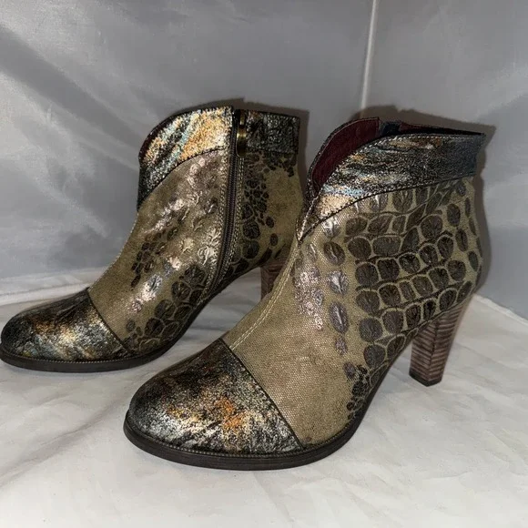 L'Artiste Spring Step Eleni Metallic Taupe Multi‎ Leather Boot Bootie SZ 40