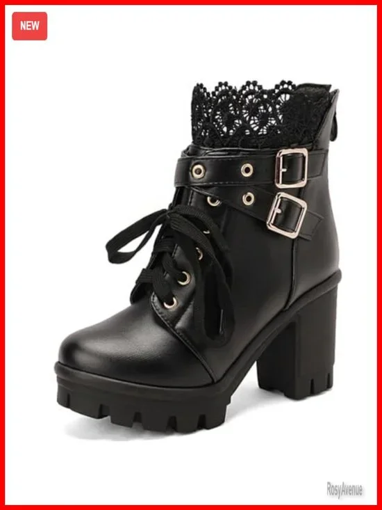 Platform Chunky Heel Combat Ankle Booties with Buckle, Lace Up, Zip
