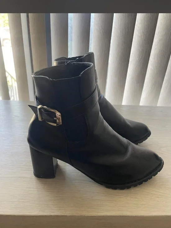 Chunky Block Heel Black Ankle Boots with Silver Buckle Strap - Size 10