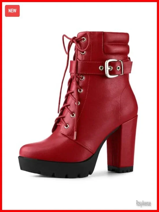 Women's Faux Leather Platform Ankle Boots Lace Up Block Heels Combat Boots