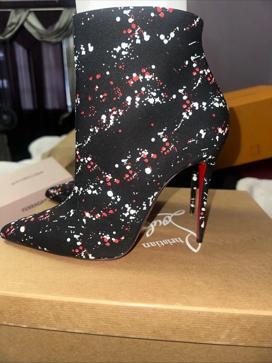 Christian Louboutin Black Red and White Splatter Stiletto Ankle Boot