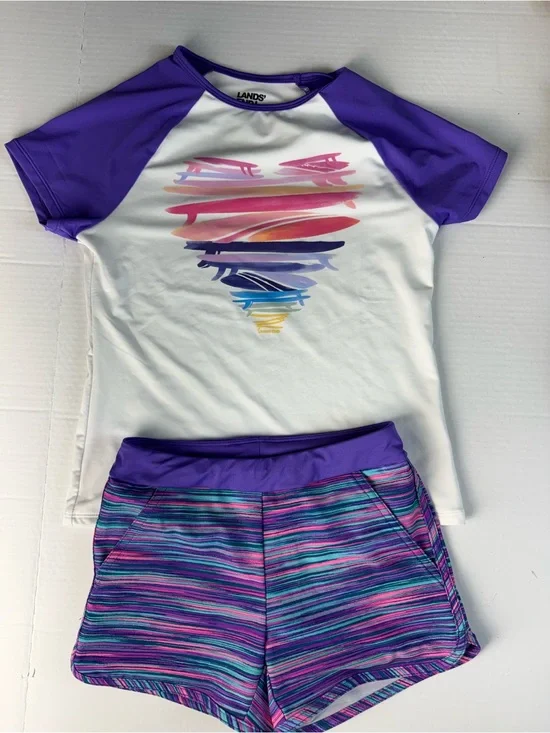 Lands' End White and Purple Girls' Rash Guard Swim Set