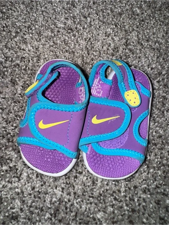 Nike Toddler Purple Sandals with Teal Trim and Yellow Swoosh