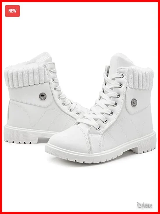 Fuzzy Lace Up Ankle Boots with Zipper - Non Slip Waterproof Winter Boots