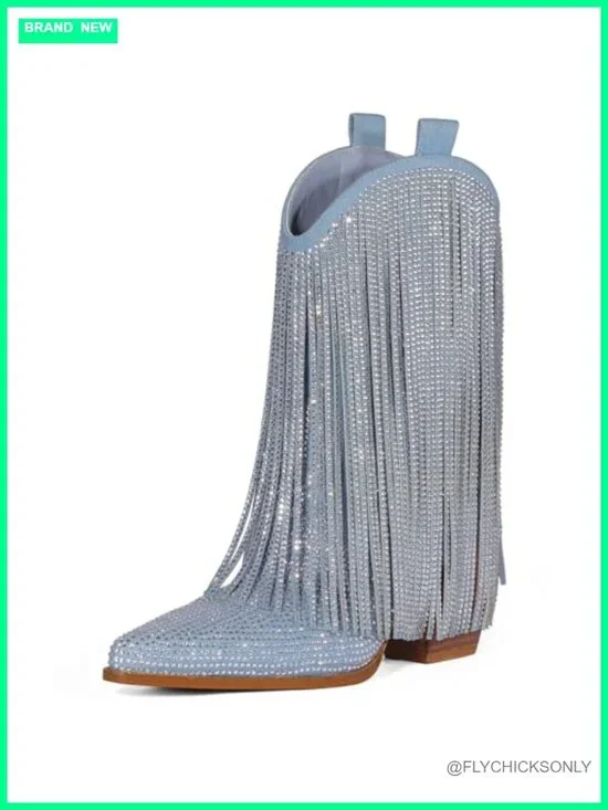 Cowgirl Rhinestone Fringe Chunky Heel Pointed Toe Mid Calf Boots Suede