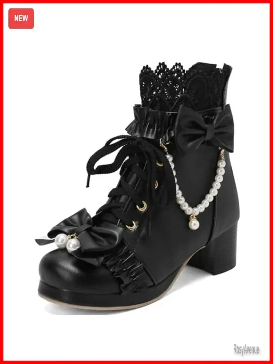 Lolita Ankle Boots Chunky Mid Heel Lace Up Bow Kawaii Shoes