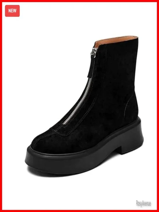 Suede Platform Ankle Boots Block Heel Short Combat Boots Zip Closure Winter