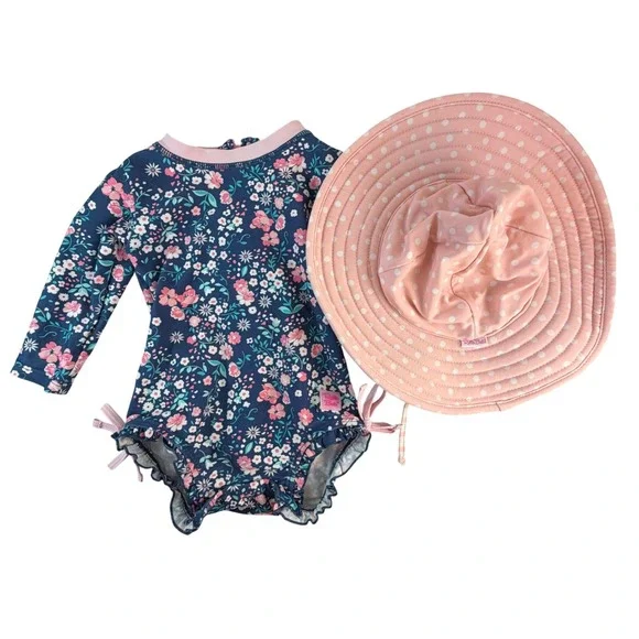 Ruffle Butts Long Sleeve Swimsuit 6-12 Months Blue Floral With Hat‎