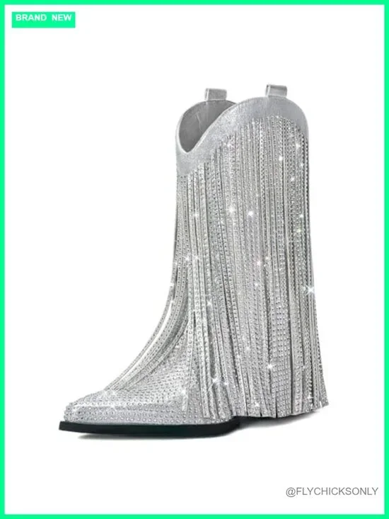 Mid Calf Cowboy Boots with Fringe and Rhinestones, Pointed Toe Chunky Heel,