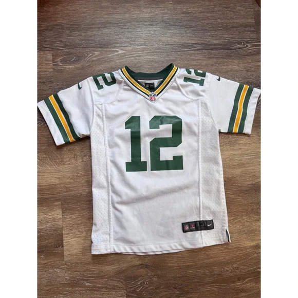 Nike Green Bay Packers Aaron Rodgers 12 Jersey Kids Medium 10/12 White NFL Road