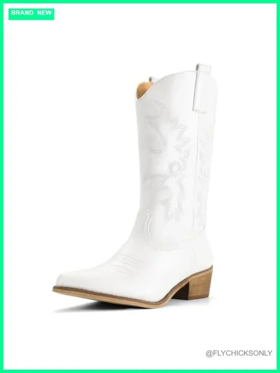 Cowboy Boots Mid Calf Embroidered Chunky Low Heel Pointed Toe Dress Western