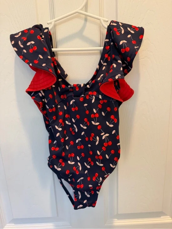 Janie and Jack Navy Cherry Print Ruffle One-Piece Swimsuit 4t swim bathing suit