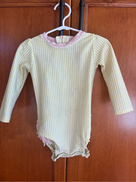 Ruffle Butts One Piece Swimsuit with Yellow Ribbed with Pink Trim