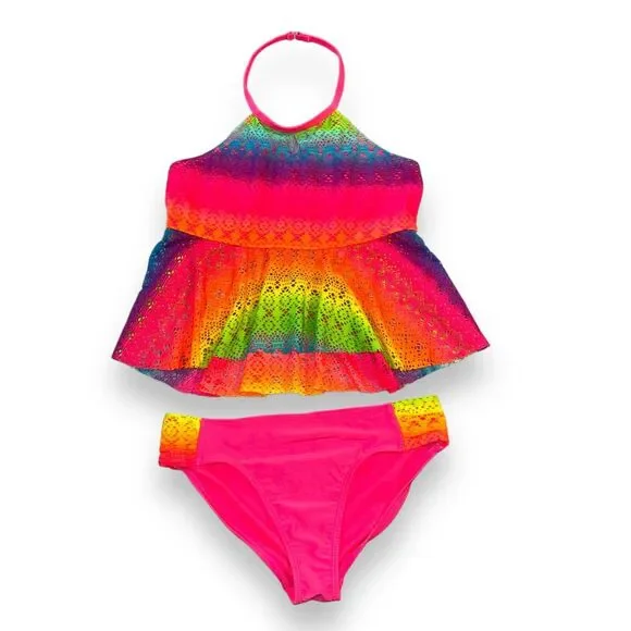 Wonder Nation Girls Swimsuit Two Piece Tankini Tie Dye Crochet Large 10 12